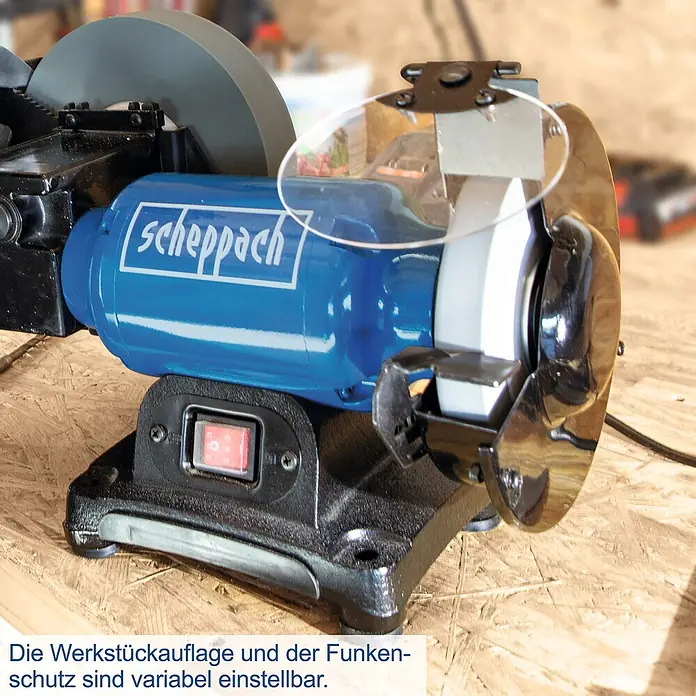 Scheppach Elektro-Nass-Trockenschleifer BG 200W - 250 W - Der Scheppach Doppelschleifer mit variabler Werkstückauflage und Funkenschutz für präzises Schleifen und sicheres Arbeiten.