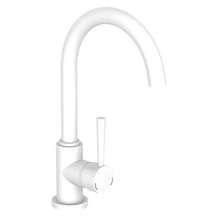 Camargue Merida Spültischarmatur - Schwenkbar, Weiß, Matt - Eine moderne, weiße Küchenarmatur mit einem schlanken, gebogenen Auslauf und einem einzelnen Hebel zur Bedienung.