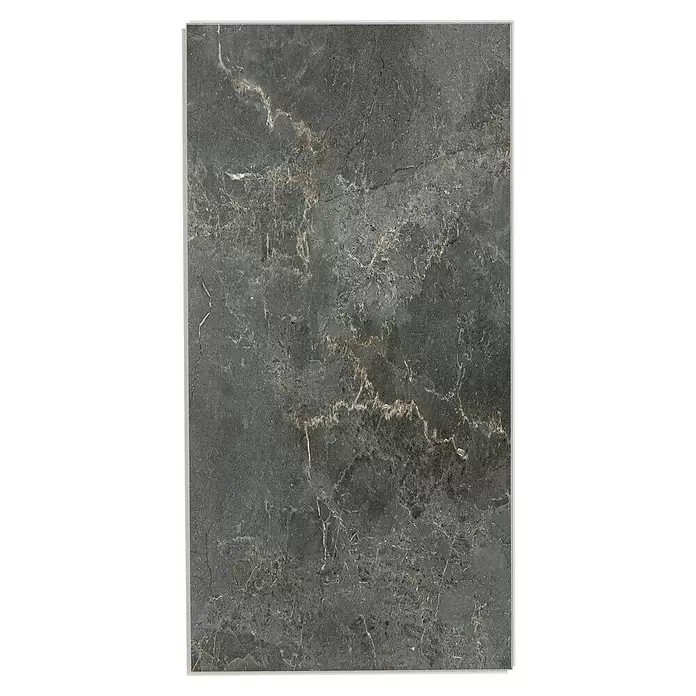Grosfillex Wall+ Wandpaneel - Black Marble, 600 x 300 x 5 mm - Dunkelgraue Fliese in Marmoroptik mit heller grau-brauner Maserung.