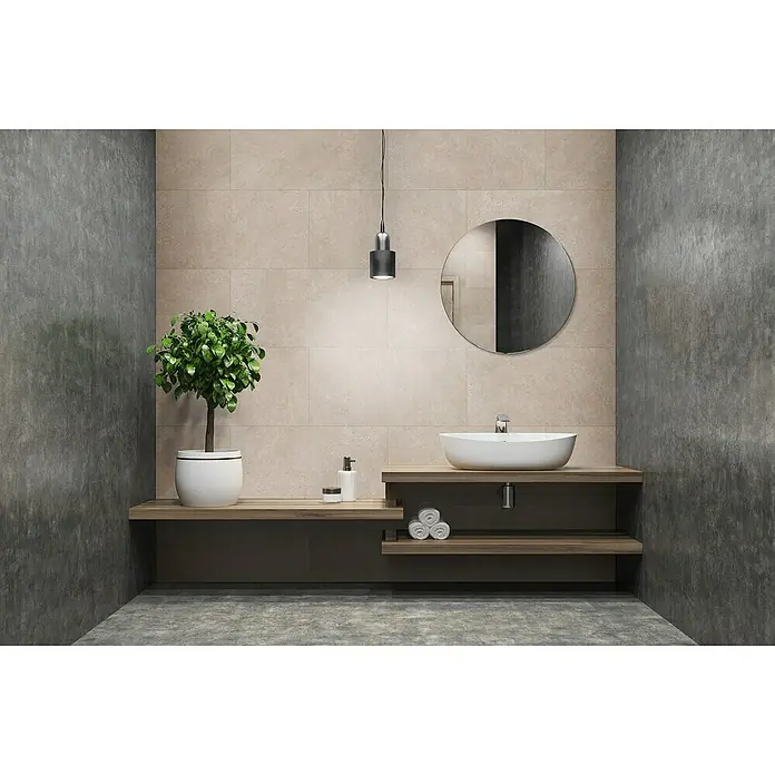 Grosfillex Wall+ Wandpaneel - Cream Slate, 900 x 450 x 5 mm - Elegantes Badezimmerdesign mit einem runden Spiegel, einem stilvollen Waschtisch mit Unterschrank und einer dekorativen Pflanze.
