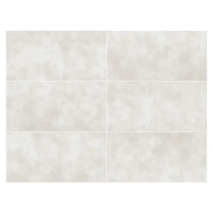 Feinsteinzeugfliese Big Show XXL - 59,8 x 119,8 cm, Weiß, Matt - Sechs hellgraue, rechteckige Wandfliesen mit einer ungleichmäßigen Textur, die ein elegantes und modernes Ambiente schaffen.