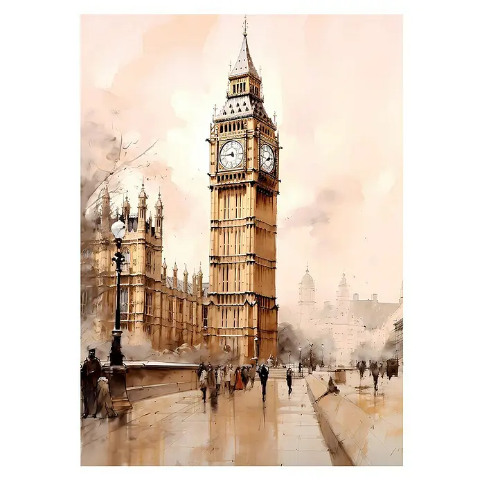 Lienzo Londres Big Ben - Londres Big Ben, An x Al: 50 x 70 cm - Pintura a la acuarela de la Elizabeth Tower en Londres, que muestra un hito icónico en tonos delicados. Aviva el horizonte de Londres con encanto.