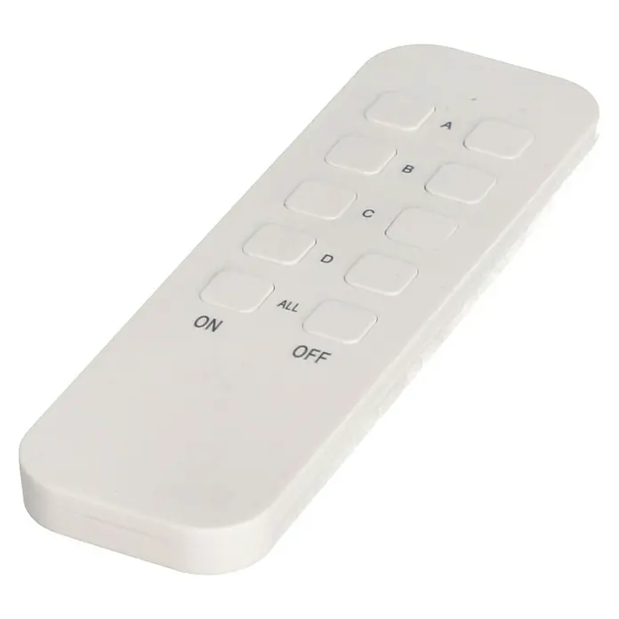 Voltomat Funksteckdosen-Set - Weiß, 4 Stk., Reichweite ca.: 30 m, Max. Anschlussleistung: 2.300 W - Abbildung einer weißen Fernbedienung mit Tasten für A, B, C, D, ON, OFF und ALL zur Steuerung elektronischer Geräte.