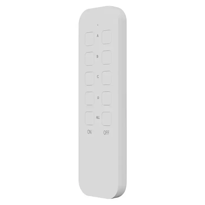 Voltomat Funksteckdosen-Set - Weiß, 4 Stk., Reichweite ca.: 30 m, Max. Anschlussleistung: 2.300 W - Eine Nahaufnahme einer weißen Fernbedienung mit mehreren Tasten für verschiedene Funktionen wie A, B, C, D, ALL, ON und OFF.
