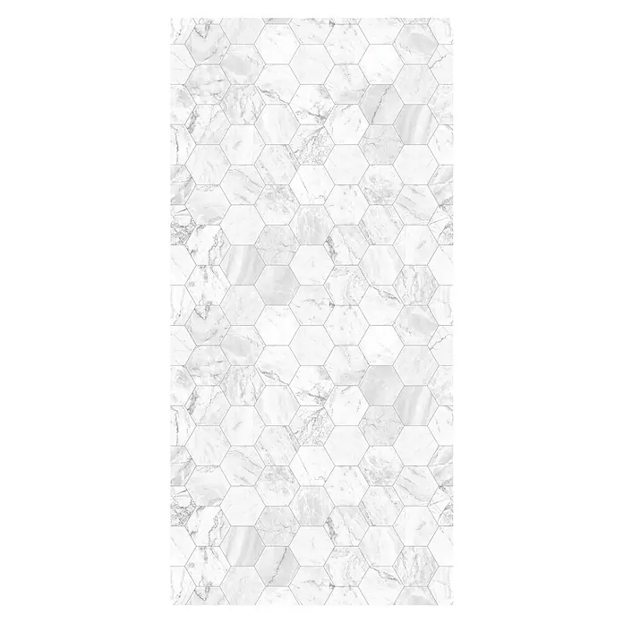 GEO Alu-Verbundplatte - 150 x 255 cm, Hexagon Weiß - Helle Marmor-Hexagon-Fliesen schaffen einen modernen und eleganten Look. Das Muster verleiht jedem Raum Struktur und Stil.