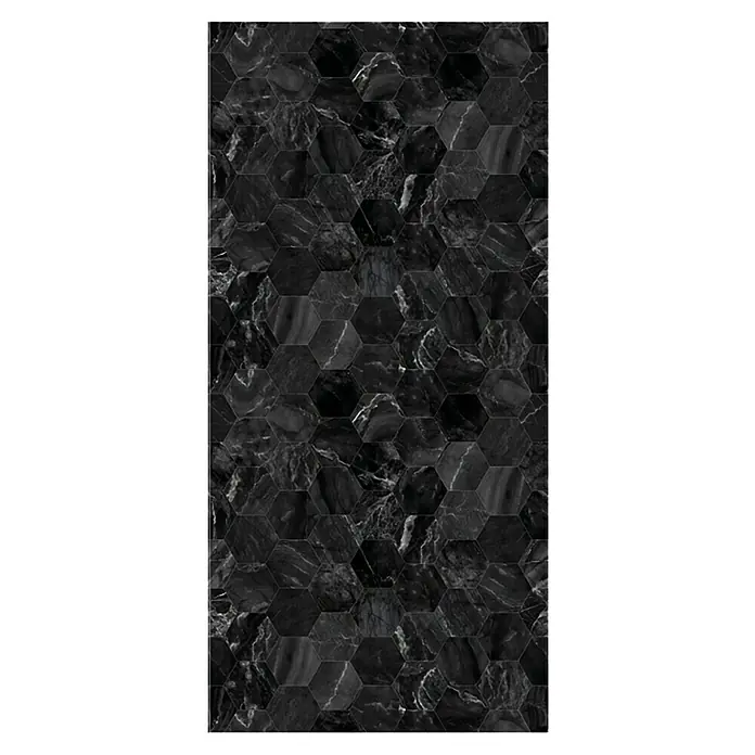 GEO Alu-Verbundplatte - 150 x 255 cm, Hexagon Anthrazit - Schwarze sechseckige Marmorfliesen mit einzigartigen Mustern, die Eleganz und modernen Stil in jeden Raum bringen.