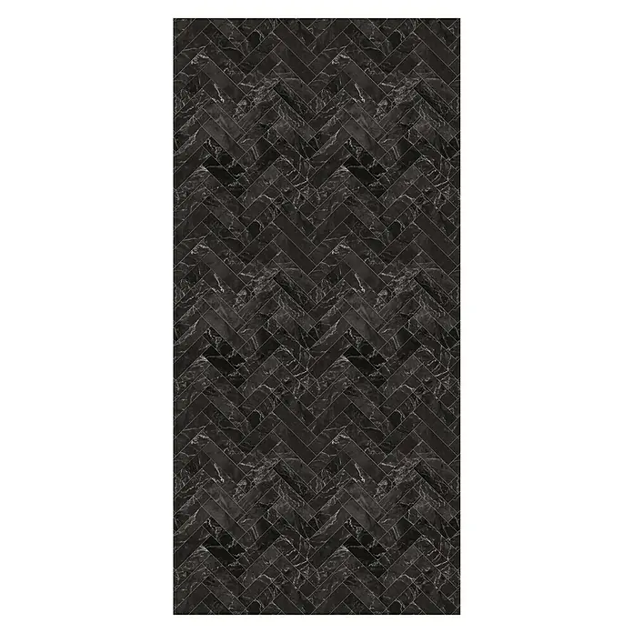 GEO Alu-Verbundplatte - 150 x 255 cm, Anthrazit - Schwarze Marmorfliese im Fischgrätmuster für stilvolle Innenräume. Die Fliese bietet eine moderne und elegante Optik für jeden Raum.