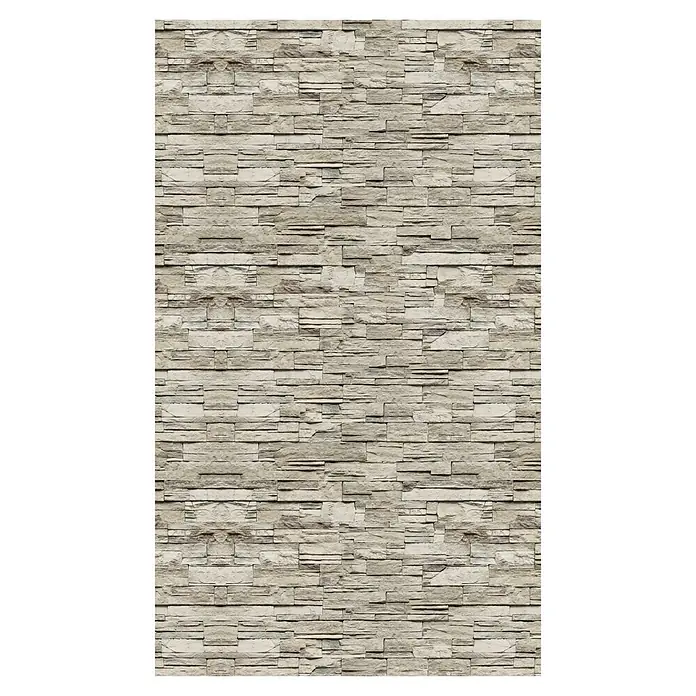GEO Alu-Verbundplatte - 150 x 255 cm, Stone Sand - Bild einer Wandverkleidung mit horizontalen, grauen Steinen. Die Verkleidung hat eine unregelmäßige Textur und fügt sich nahtlos ineinander.