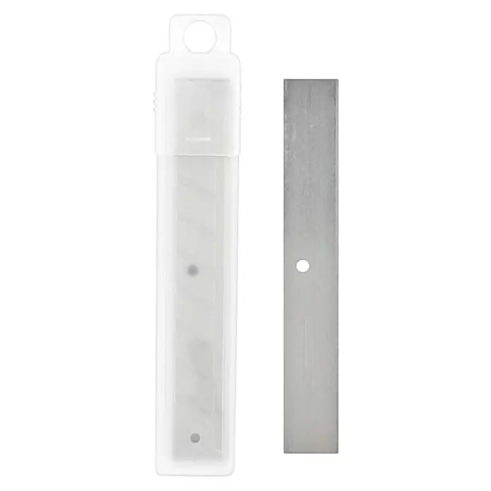 Mako Tapetenentferner-Ersatzklinge - 5 Stk. - Das Bild zeigt eine Packung Trapezklingen und eine einzelne Trapezklinge, beide in einer hellen Farbpalette. Das Bild ist sauber und scharf.