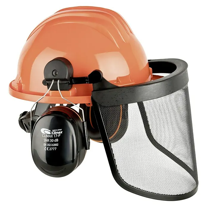 Forst-Schutzhelm - Farbe: Orange, Gehörschutz - Nahaufnahme eines orangefarbenen Schutzhelms mit Gehörschutz und Gesichtsschutzgitter der Marke Climax.