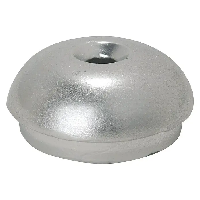 Propelleranode - Zink, Ø x H: 45 x 20 mm, Salzwasser - Nahaufnahme einer runden, silbernen Abdeckung mit einem Loch in der Mitte. Ideal zum Abdecken von Schraubenköpfen oder Befestigungen.