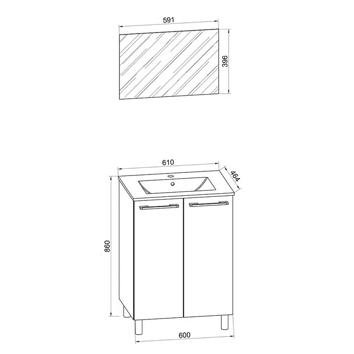 VCM Badinos Badmöbel-Set T2 - 60 cm, Weiß, 3 -tlg. - Schemazeichnung eines Waschtischunterschranks mit Spiegel, Maße: 610 x 464 x 860 mm (Waschtischunterschrank), 591 x 396 mm (Spiegel).