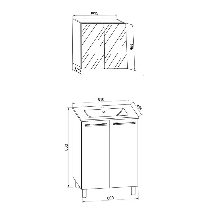 VCM Badinos Badmöbel-Set SPS - 60 cm, Weiß, Farbe Waschbecken: Weiß, Glänzend - Ein Badezimmer-Waschtisch mit Spiegelschrank. Die Möbel haben klare Linien und bieten Stauraum. Maße sind angegeben.