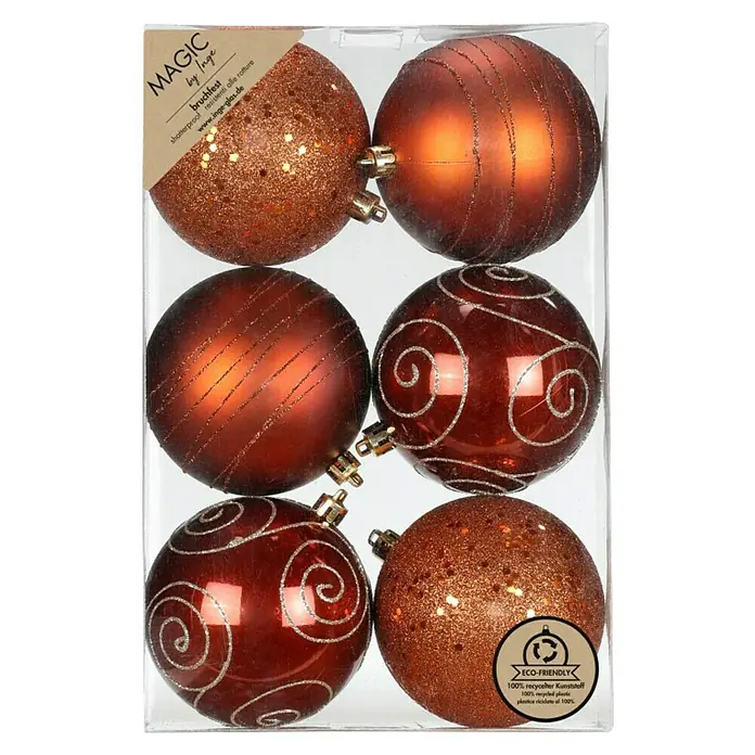 Weihnachtskugeln - Roasted Almond, Kunststoff, Durchmesser: 8 cm, 6 Stk. - Eine Packung mit sechs bruchsicheren, kupferfarbenen Weihnachtskugeln von Magic by Inge mit unterschiedlichen Designs.