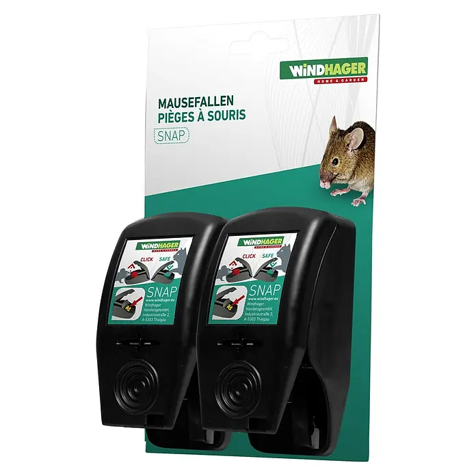 Windhager Mausefalle Snap - Spezialfalle, Kunststoff, 2 Stk. - Abbildung der Windhager Mausefallen SNAP im Doppelpack. Die Fallen sind schwarz und auf einer Verpackung mit einer Maus abgebildet.