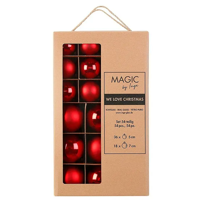 Weihnachtskugeln - Merry Red, Glas, Durchmesser: 5 cm - 7 cm, 54 Stk. - Eine Packung mit 54 roten Weihnachtskugeln aus Glas von Magic by Inge, mit zwei verschiedenen Größen (5 cm und 7 cm).