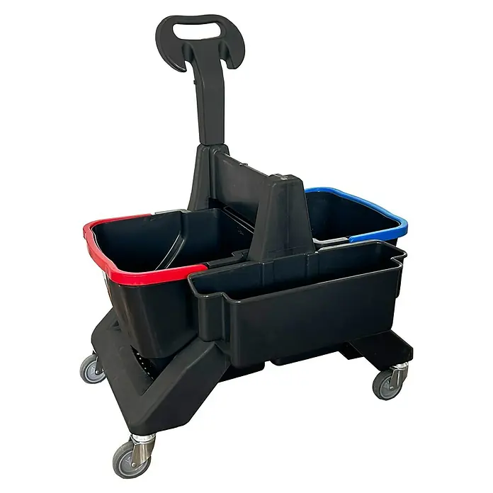 Arcora Doppelfahreimer mit Ablagewanne - 40 l, Schwarz - Mobiler Reinigungswagen in Schwarz mit roten und blauen Akzenten, ideal für die professionelle Reinigung.
