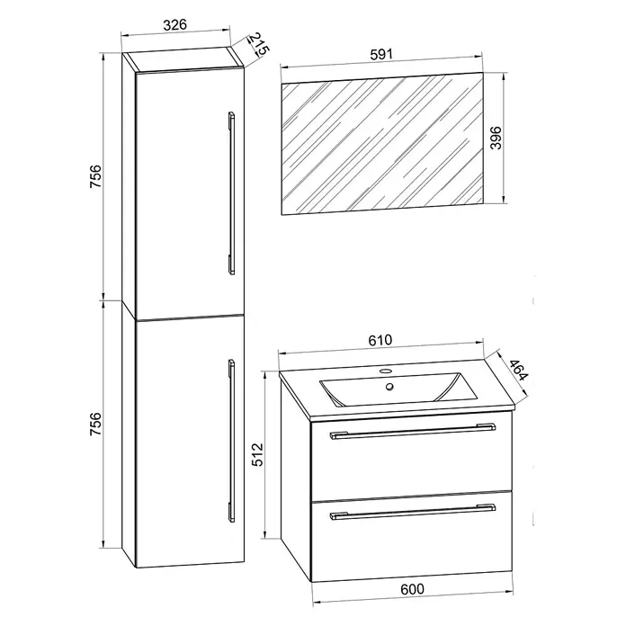 VCM Badinos Badmöbel-Set - 61 cm, Sonoma-Eiche, 4 -tlg. - Die Abbildung zeigt ein Badezimmer-Set mit einem Waschbeckenunterschrank, einem Hochschrank und einem Spiegel mit Maßangaben.