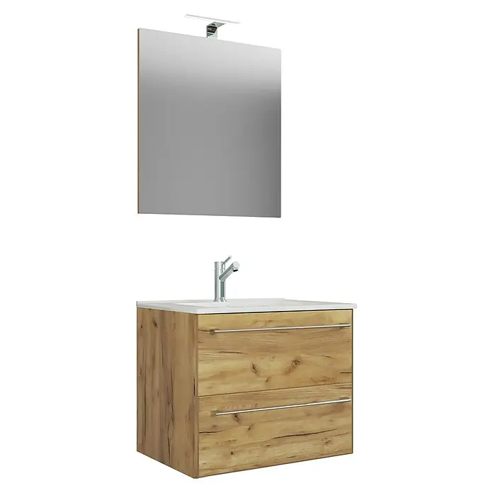VCM Badinos Badmöbel-Set - 60 cm, Honig-Eiche, 3 -tlg. - Ein moderner Waschtischunterschrank in Holzoptik mit einem stilvollen Spiegel darüber, der eine elegante Badezimmerlösung bietet.