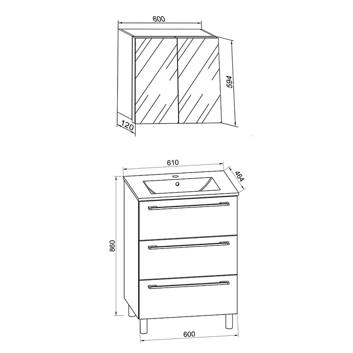 VCM Badinos Badmöbel-Set SPS - 60 cm, Schwarz, Farbe Waschbecken: Weiß - Produktansicht: Ein Waschtischunterschrank mit Schubladen und ein passender Spiegelschrank mit Maßen für Badmöbel.
