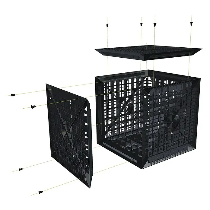 ACO Sickerbox - 60 x 60 x 60 cm, 205 l - Explosionsdarstellung eines schwarzen Kunststoffbehälters mit abnehmbarem Deckel und Seitenwand, der die Montage zeigt.