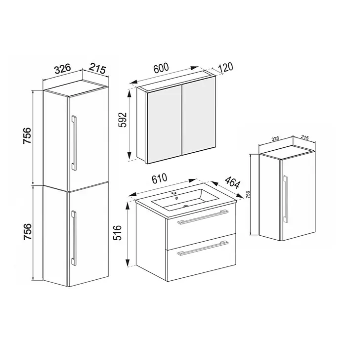 VCM Badinos Badmöbel-Set SPS - 126 cm, Weiß - Abbildung eines Badezimmermöbel-Sets mit einem Waschbeckenunterschrank, einem Hochschrank und einem Spiegelschrank mit Maßangaben.