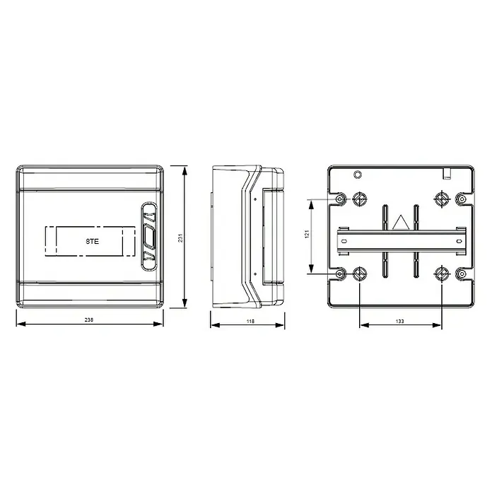 PCE Verteiler Sol-Line - 2 MPP - Darstellung der elektrischen Unterverteilung 8TE mit detaillierten Maßangaben für Breite, Höhe und Tiefe zur einfachen Installation.