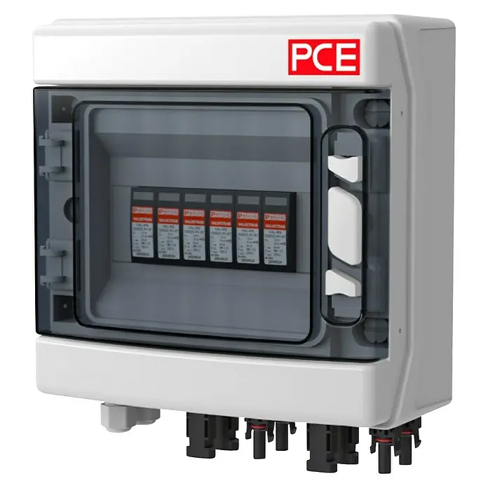 PCE Verteiler Sol-Line - 2 MPP - Produktabbildung eines PCE-Verteilerkastens mit Sicherungen, ideal für Photovoltaikanlagen und zuverlässigen Schutz.