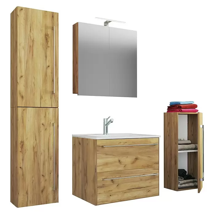 VCM Badinos Badmöbel-Set SPS - 126 cm, Honig-Eiche - Badmöbel-Set in Holzoptik mit Hochschrank, Waschtisch mit Waschbecken, Spiegelschrank und offenem Regal.