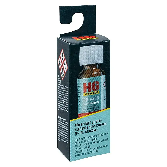 HG Power Glue Spezialkleber Primer - Farblos/Transparent - Bild einer HG Power Glue Primer-Flasche, einem Haftvermittler für schwer verklebbare Kunststoffe wie PP, PE und Silikon.