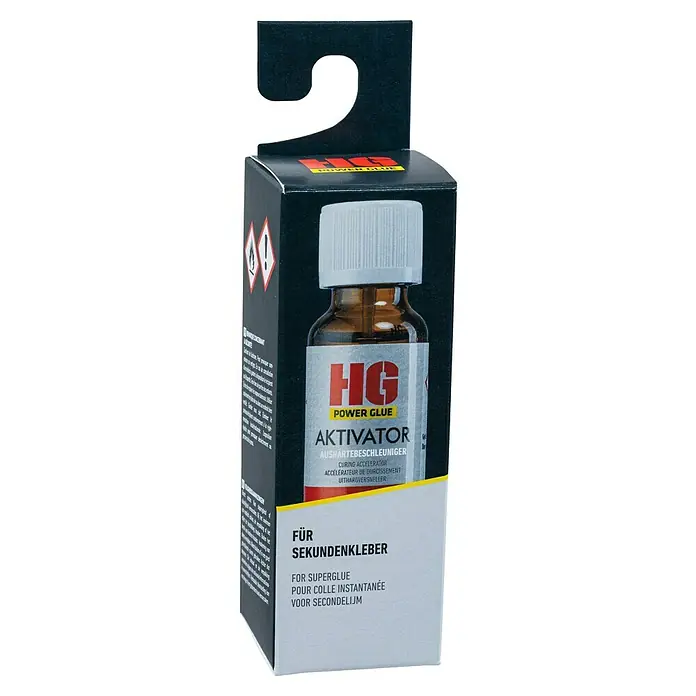 HG Power Glue Aktivator - 15 ml - Bild einer Packung HG Power Glue Aktivator, einem Aushärtebeschleuniger für Sekundenkleber.