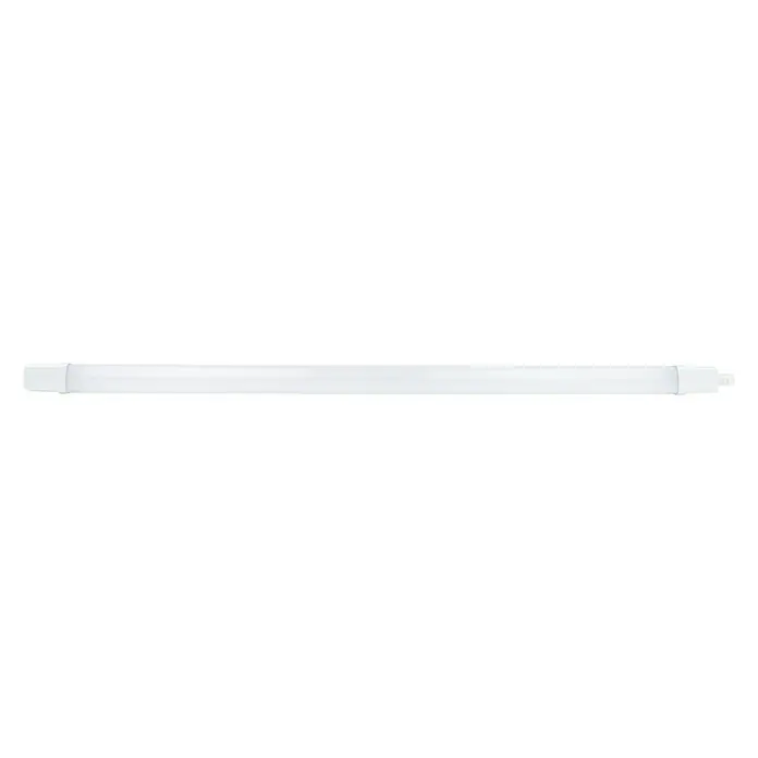 Ritter Leuchten LED-Feuchtraumlichtleiste Super Slim - L x B x H: 125 x 5,3 x 3,5 cm, Lichtfarbe: Neutralweiß, 18 W, IP65 - Das Bild zeigt eine weiße LED-Röhre. Die Leuchtstoffröhre ist waagerecht angeordnet und hat an beiden Enden einen Verschluss.