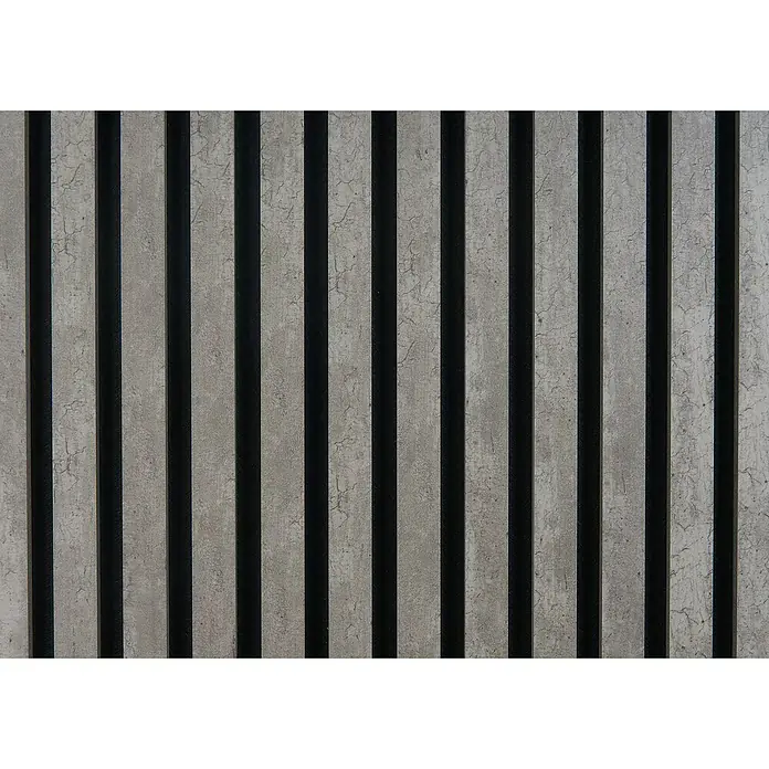 FibroTech Akustikpaneel Stone - Cement Stone, L x B x S: 2.440 x 520 x 18 mm - Wandverkleidung mit vertikalen grauen Latten und schwarzen Zwischenräumen, die ein modernes und stilvolles Design erzeugen.\n