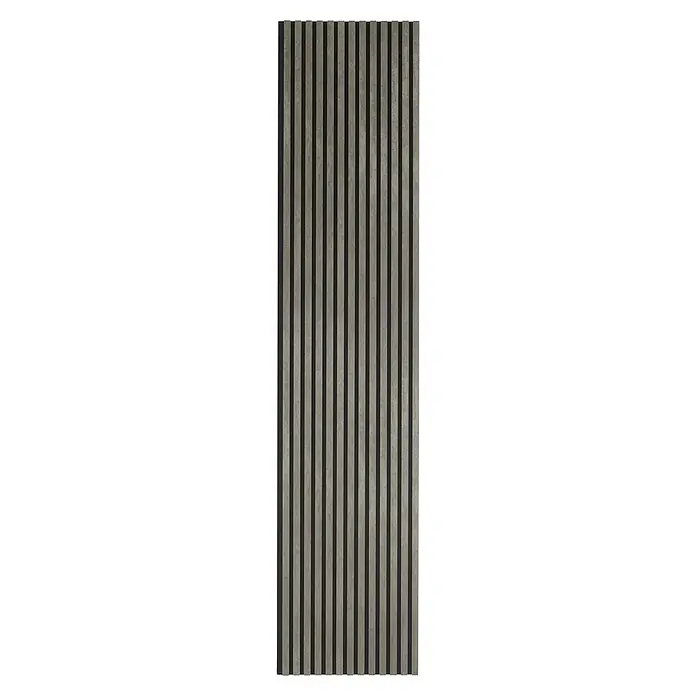 FibroTech Akustikpaneel Stone - Cement Stone, L x B x S: 2.440 x 520 x 18 mm - Elegante Wandverkleidung mit vertikalen Lamellen in Grau und Schwarz, die eine moderne und stilvolle Textur erzeugt. Ideal für zeitgenössische Innenräume.
