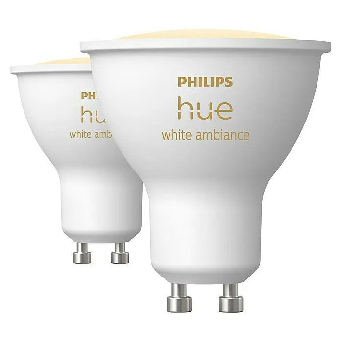 Philips Hue Smart-LED-Lampe White Ambiance - GU10, Dimmbar, Mehrfarbig, 400 lm, 4,2 W, 2 Stk. - Zwei Philips Hue White Ambiance GU10 Smart-Glühbirnen, die intelligentes Licht mit anpassbarer Weißnuance bieten.