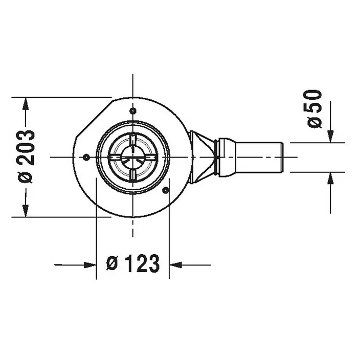 Duravit Duschwannenablauf - Durchmesser Ablauf: 90 mm, Grau - Abbildung eines Bodenablaufs mit Maßangaben. Der Durchmesser beträgt 203 mm, 123 mm und 50 mm.