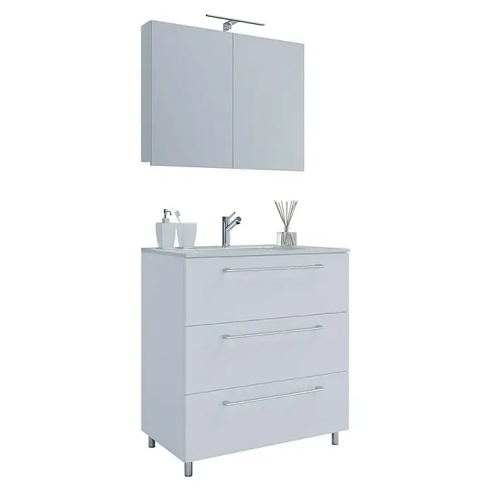 VCM Badinos Badmöbel-Set SPS - 80 cm, Weiß, Farbe Waschbecken: Weiß - Weißer Badezimmerschrank mit Waschbecken, zwei Schubladen und Spiegelschrank mit Beleuchtung für ein modernes Badezimmerdesign.