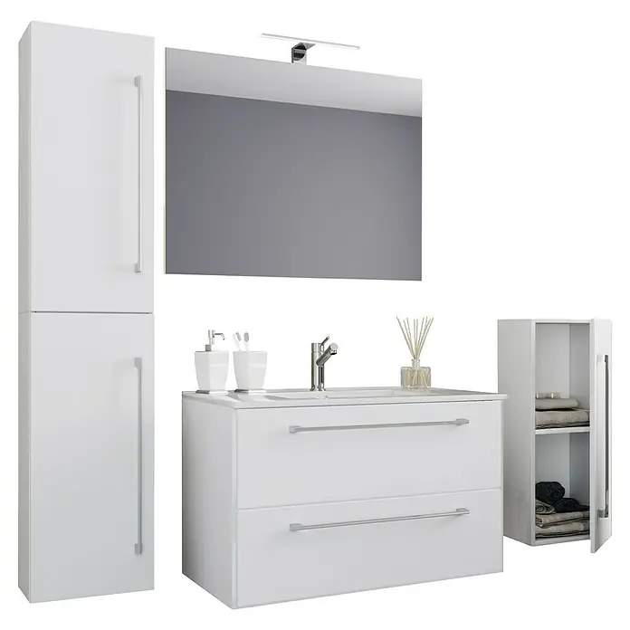 VCM Badinos Badmöbel-Set - 60 cm, Weiß, 5 -tlg. - Badezimmer-Set in Weiß mit Waschtischunterschrank, Spiegelschrank und Hochschrank für ein modernes Ambiente im Bad.
