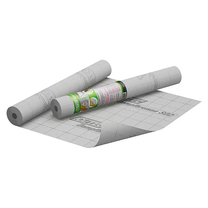 Icutec Dampfbremsfolie SD2 - 25 m², Polyethylen, sd-Wert: 2 m - Zwei Rollen GUTTEC Dampfbremse SD2, ein feuchtigkeitsregulierendes Bauprodukt für Innenräume, liegen auf einer grauen Unterlage mit Raster.
