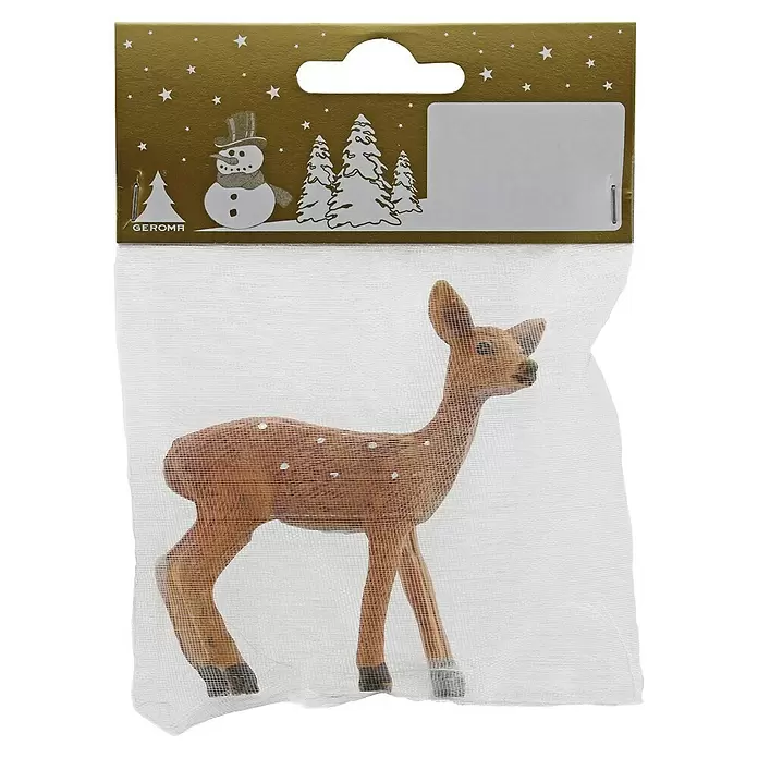 Dekofigur Rehkitz - L x B x H: 3 x 9,5 x 13 cm, Kunststoff, Rehkitz - Ein braunes, geflecktes Deko-Reh, möglicherweise aus geflochtenem Material, in einem transparenten Netzbeutel mit goldenem Weihnachtskartonetikett.