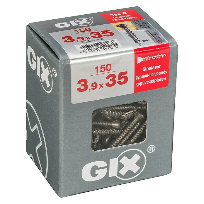 Spax Trockenbauschraube GIX C - Durchmesser: 3,9 mm, Länge: 35 mm, Senkkopf, 150 Stk. - Eine Schachtel GIX-Gipskartonschrauben mit den Maßen 3,9 x 35 mm, perfekt für Trockenbauarbeiten.