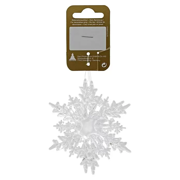 Christbaumschmuck Schneeflocke Zapfen - Weiß, Kunststoff, 2 Stk. - Transparentes Schneeflocken-Ornament mit goldener Kartonverpackung.