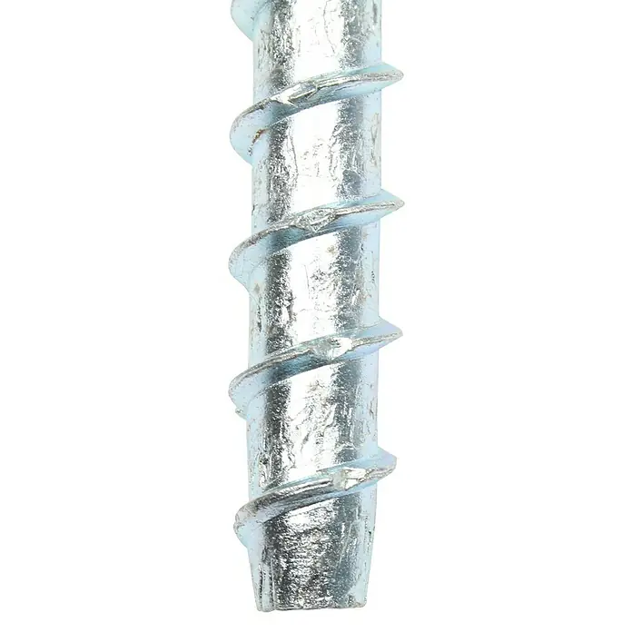 Profi Depot Kombibetonschraube - Durchmesser: 7,5 mm, Länge: 80 mm, V 30, 50 Stk. - Nahaufnahme einer glänzenden Metallschraube mit spiralförmigem Gewinde vor schwarzem Hintergrund, Detailaufnahme des Befestigungselements.