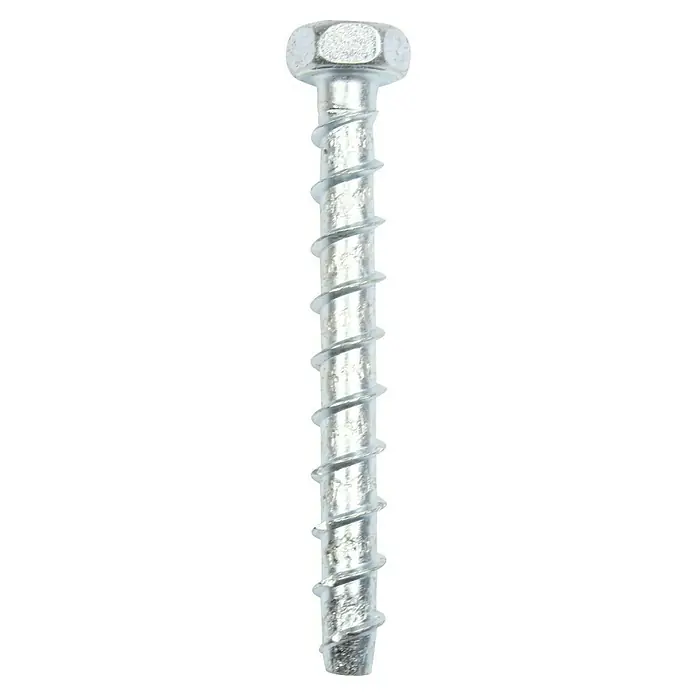 Profi Depot Kombibetonschraube - Durchmesser: 10,5 mm, Länge: 80 mm, V 40, 25 Stk. - Nahaufnahme einer Betonschraube mit Sechskantkopf und spiralförmigem Gewinde.