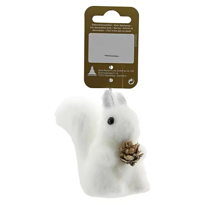 Dekoartikel Eichhörnchen - L x B x H: 5 x 10 x 9 cm, Weiß, Kunststoff - Weiße flauschige Eichhörnchen-Deko mit Kiefernzapfen und Produktetikett.