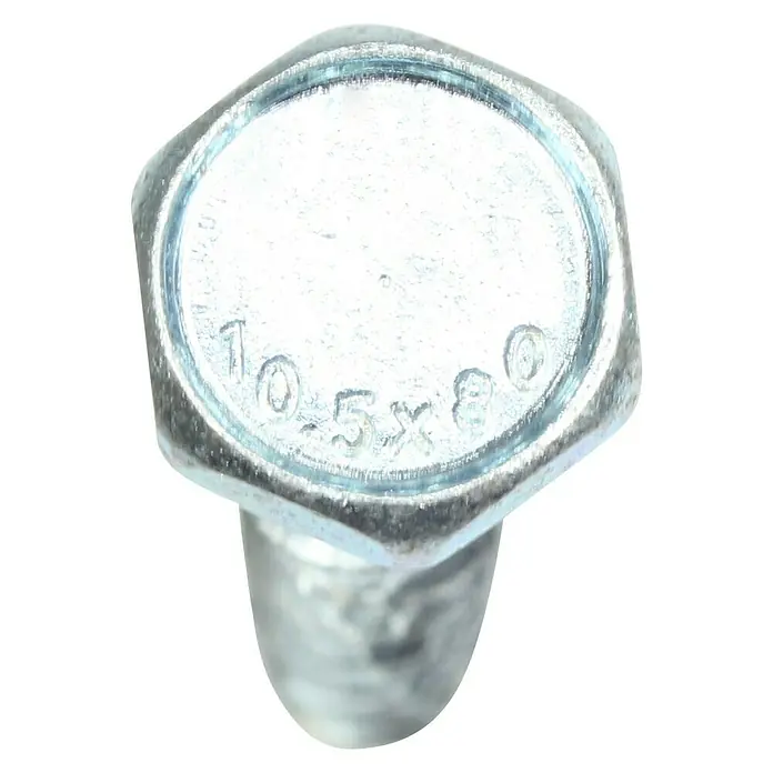 Profi Depot Kombibetonschraube - Durchmesser: 10,5 mm, Länge: 100 mm, V 40, 25 Stk. - Nahaufnahme eines silberfarbenen Bolzens mit der Aufschrift "10.5x80" auf dem Kopf, isoliert auf schwarzem Hintergrund.