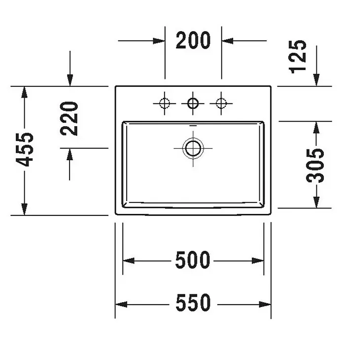 Duravit Vero Air Einbauwaschbecken - 55 x 45,5 cm, Ohne Spezialglasur, Hahnloch: Mitte, Mit Überlauf, Weiß - Bild mit einer schematischen Darstellung eines Waschbeckens mit Maßen, das einen klaren Überblick über seine Abmessungen bietet.