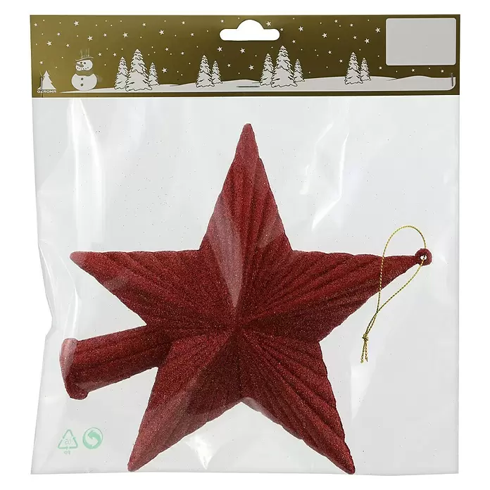Christbaumspitze - L x B: 19 x 18 cm, Kunststoff - Roter Glitzerstern-Weihnachtsanhänger in Klarsichtbeutel mit festlichem Goldkopf und Hängeschnur.