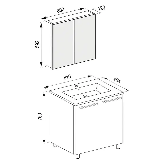 VCM Badinos Badmöbel-Set SPS - 80 cm, Schwarz, Farbe Waschbecken: Weiß - Illustration eines Badezimmerschranks mit Waschbeckenunterschrank und Spiegelschrank mit Maßen. Das Waschbecken ist in der Mitte platziert.