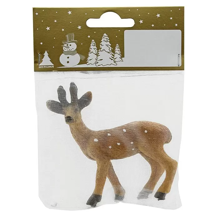 Dekofigur Hirschkitz - L x B x H: 9,5 x 3 x 13 cm, Kunststoff, Hirschkitz - Braune Rehfigur mit weißen Punkten, verpackt in einem Netzbeutel mit goldener weihnachtlicher Kopfkarte.